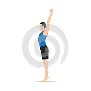 Man doing Palm Tree Pose on Tiptoes. Practice Urdhva Hastasana on Tiptoes.