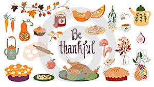 Thanksgiving collection with seasonal elements, pumpkins, sweets and autumnal decoration