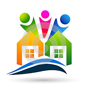 Real estate House roof and home in hand happy familylogo vector element icon design vector on white background. Business, company