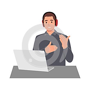 Young man operator of call center office consulting a client.