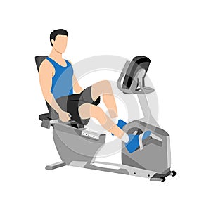 Man doing recumbent bike cardio exercise. Flat vector illustration