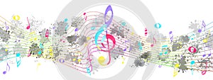 Vector Colorful Watercolor Textured Music Notes in Black and Grey Spatters and Splashes Background Banner