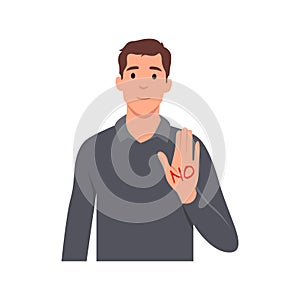 Young man politely refuses the offer No, thank you. Flat vector