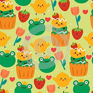 Seamless pattern cartoon chick and frog. cute animal, plant and dessert wallpaper for textile, gift wrap paper