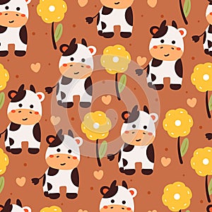 Seamless pattern cartoon cow and flower. cute animal wallpaper for textile, gift wrap paper