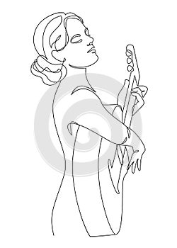 Silhouette of a beautiful woman with a guitar in a modern continuous line
