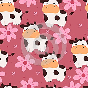 Seamless pattern cartoon cow and flower. cute animal wallpaper for textile, gift wrap paper