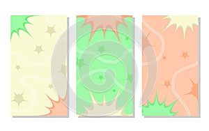 set of green, soft yellow and orange abstract portrait background with sun and wavy lines