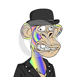 Trippy rainbow bored ape yacht club wearing bowler hat and black leather jacket NFT