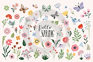 Hello Spring big collection with a variety of plants, flowers in bloom, butterflies, leaves and birds