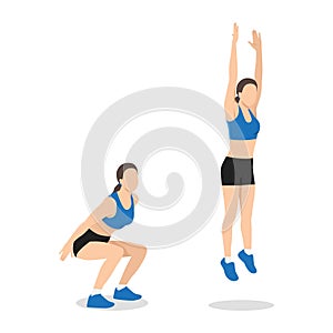 Woman doing squat jump in 2 steps in side view for strengthens entire lower body photo