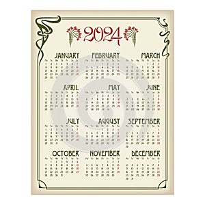 Year 2024 calendar, art nouveau frame and flowers on aged background.
