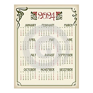 Year 2024 calendar, art nouveau frame and flowers on aged background.