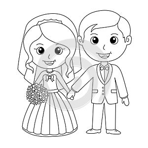 Wedding Couple Coloring Page. Bride And Groom Cartoon Illustration. Cute Marriage Scene