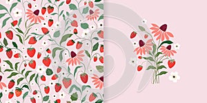 Summer seamless pattern and card design with wild strawberries and flowers