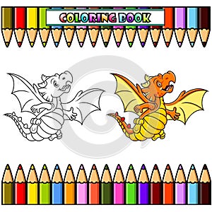 Cartoon baby dragon flying for coloring book