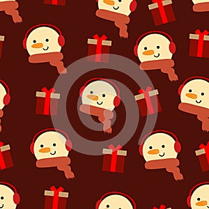 Snowman with a scarf around his neck cute cartoon and Christmas gifts seamless pattern, with Christmas illustration