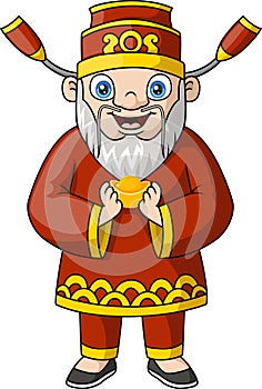 Cute of god of wealth cartoon holding gold ingot