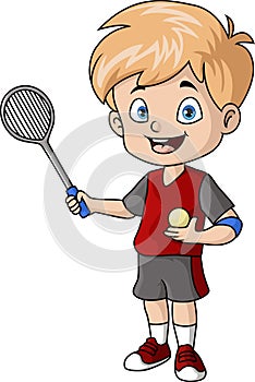 Cute little boy cartoon playing tennis