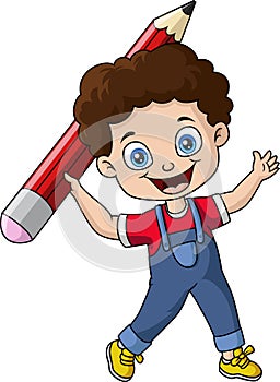 Cute little boy cartoon holding a big pencil