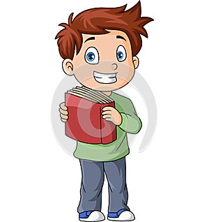 Cute little boy cartoon holding a book
