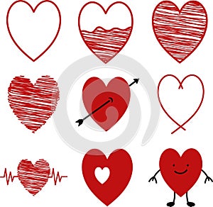Set of cute red heart icons in different styles