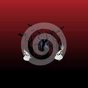 Halloween background with black silhouettes of ghosts and bats. Vector illustration.