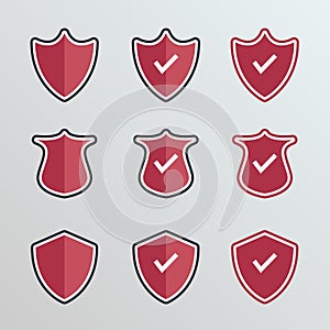 Red shield icon set. Shield with a checkmark. Protection and security symbol