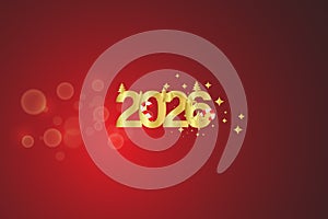 2026 Happy New Year background with Christmas tree and light bulb red background