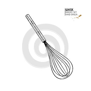 Bakery set. Hand drawn isolated metal whisk. Kitchen tools. Vector engraved icon. For restaurant and cafe menu, baker photo