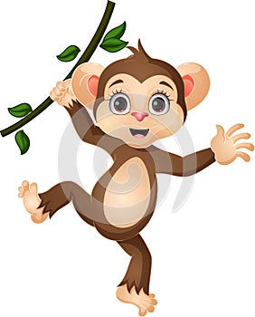Cute little monkey cartoon hanging on tree branch