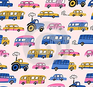 City cars, tractors and publish vehicles transport.Vector seamless pattern. Traffic jam. Cute baby boy design for fabric, wallpape photo