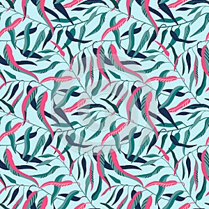 Seamless pattern with cute Eucalyptus tree branches with green and pink leaves on the blue background. Vector natural elegant illu photo