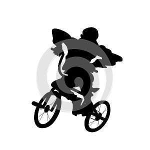 Silhouette of guy on bmx bicycle. Vector black and white illustration. Cutout isolated object.