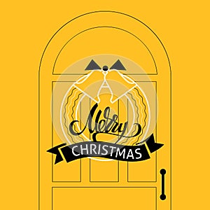 A vector christmas image with a decorative wreath on a house door . Merry christmas lettering. Christmas design for a card, flyer,