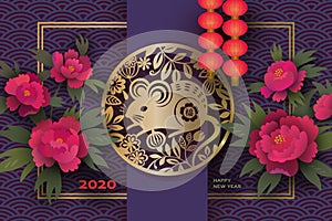 Basic RGB2020 Chinese New Year greeting background. Golden paper cut Mouse symbol, traditional red lanterns and pink peonies on a