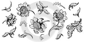 Basic RGBFlower vintage Baroque scroll Victorian frame border floral ornament engraved retro pattern rose peony tattoo filigree ve