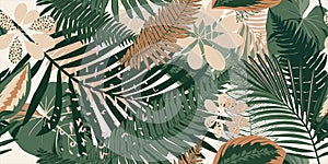 Basic RGBModern exotic jungle plants illustration pattern. Creative collage contemporary floral seamless pattern. Fashionable temp