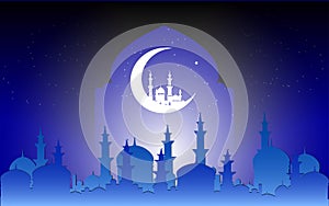 Basic RGBRamadan Kareem design with night beautiful mosque on crescent moon background