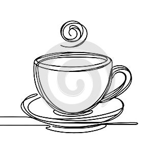 A basic sketch portraying a hot cup of coffee placed on a small plate.