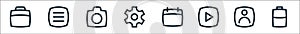 Basic ui line icons. linear set. quality vector line set such as half battery, user, play, calendar, setting, camera, open menu