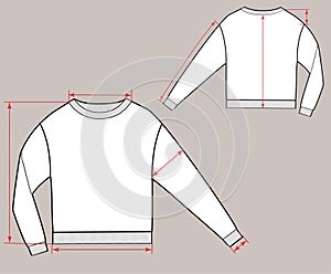 Basic unisex sweatshirt with long sleeves and round neck with red arrows. Front and back parts.