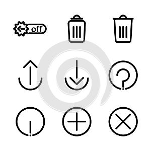 Basic user interface icon set outline include control, option, switch, toggle, remove, garbage, delete, bin, trash, arrow, upload,