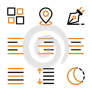 Basic user interface icon set outline include mouse, pointer, cursor, click, alarm, timer, clock, reminder, menu, interface,