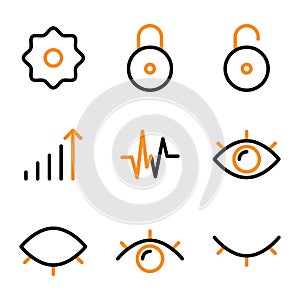 Basic user interface icon set outline include network, connection, internet, setting, gear, configuration, option, close, padlock,