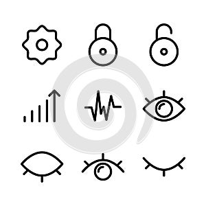Basic user interface icon set outline include network, connection, internet, setting, gear, configuration, option, close, padlock,