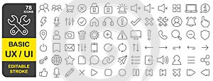 Basic UX UI editable stroke line icons set. Thin line User interface web icon, website, mobile app , linear icon collection.