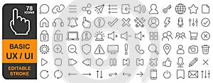 Basic UX UI editable stroke line icons set. Thin line User interface web icon, website, mobile app , linear icon collection.