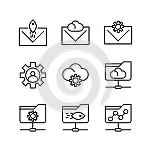Basic vector search engine optimization icon include email, envelope, rocket, cloud, setting, gear, user, folder network, share