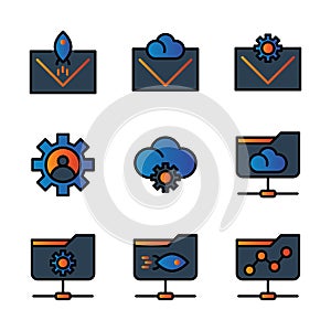 Basic vector search engine optimization icon include email, envelope, rocket, cloud, setting, gear, user, folder network, share